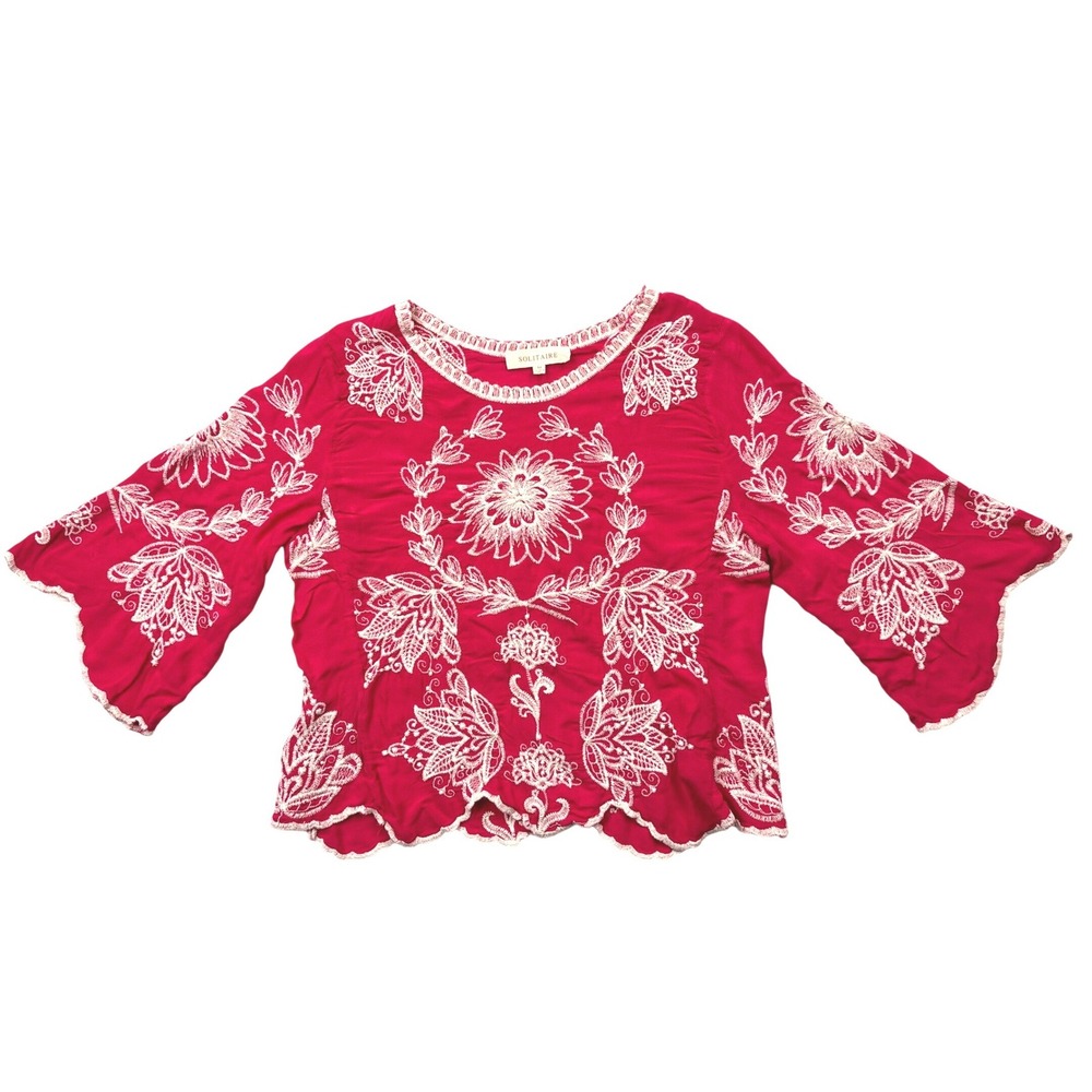 Solitaire Embroidered Top Medium Pink Floral Bohemian Bell Sleeve Scalloped Hem